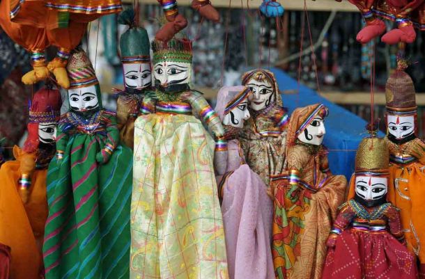 India, Kerala, Cochin, puppets in market